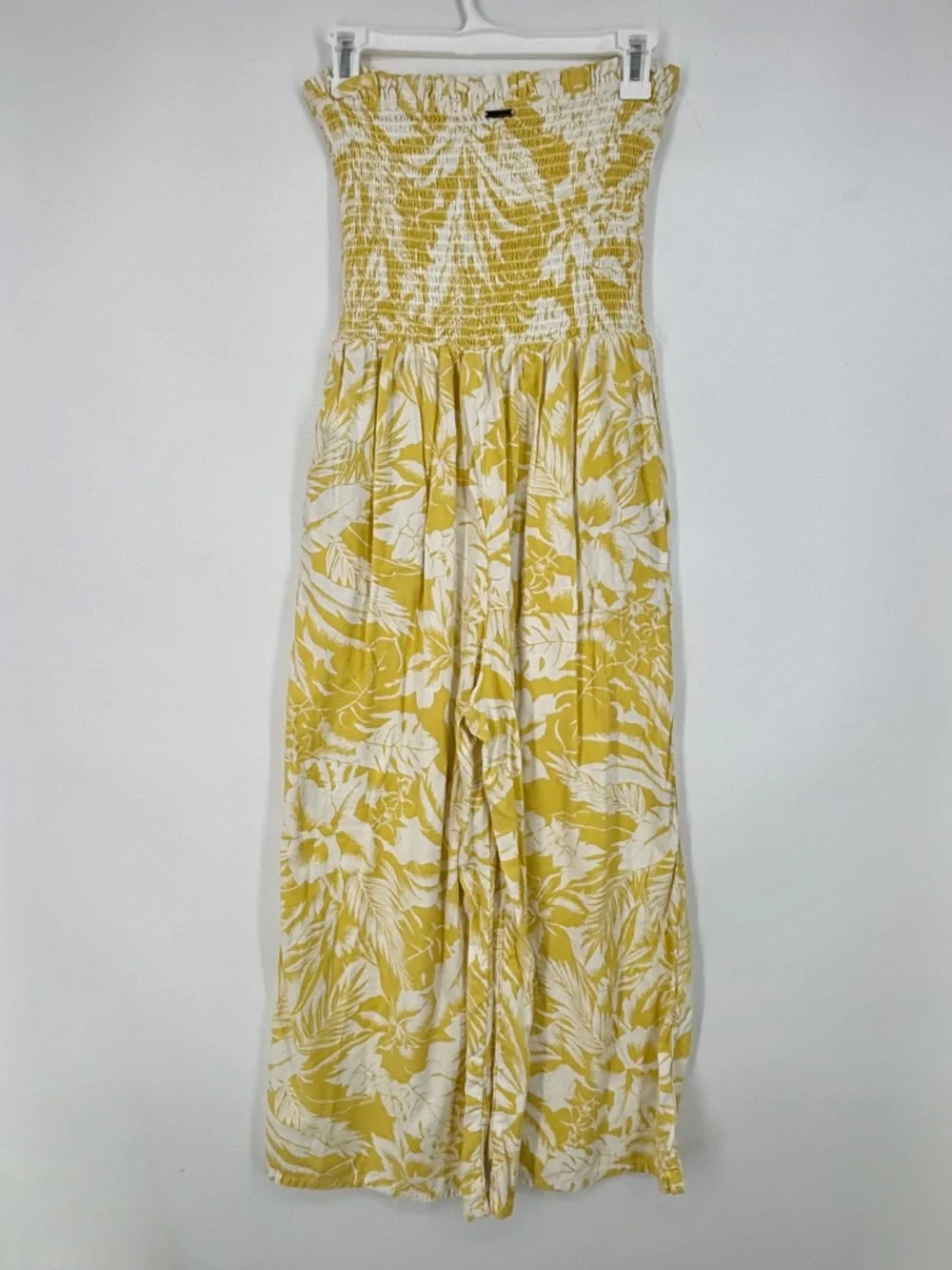 Billabong Womens Large Strapless Jumpsuit Yellow White Tropical Floral Wide Leg - Picture 8 of 12